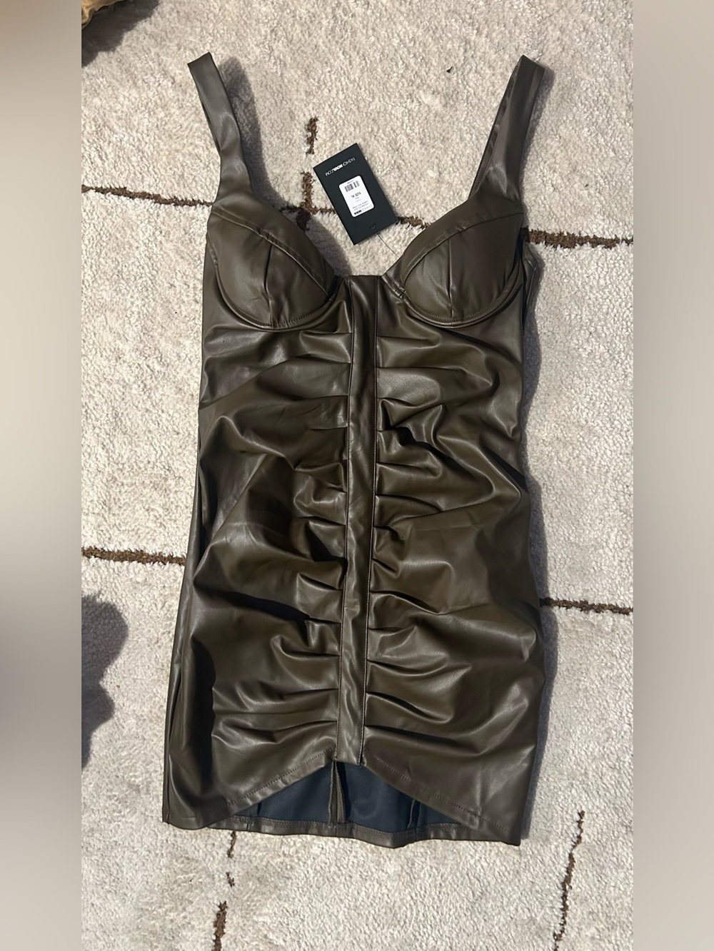 Fashion Nova Olive Green Faux Leather Ruched Mini Dress